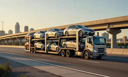 Car transporter with the Atlanta, Georgia, United States skyline behind it