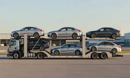 Car transporter parked in an industrial area of Augusta, Georgia, United States