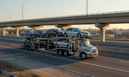 Car transporter with the Augusta, Georgia, United States skyline behind it