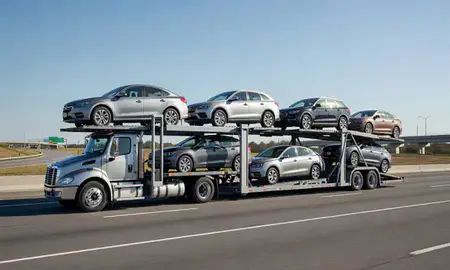 Multi-level car carrier on the highway to Brookhaven, Georgia, United States