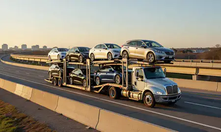 Car transporter with the Brookhaven, Georgia, United States skyline behind it