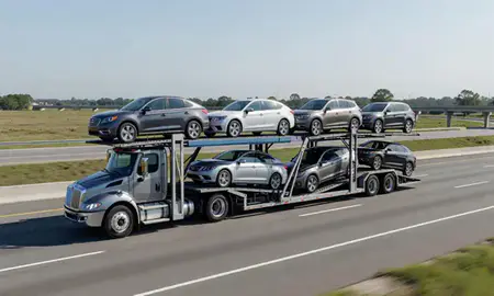 Multi-level car carrier on the highway to Brunswick, Georgia, United States