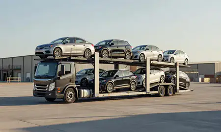 Car transporter loaded with vehicles in Brunswick, Georgia, United States