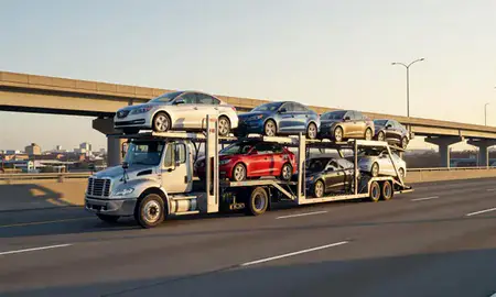 Car transporter with the Brunswick, Georgia, United States skyline behind it