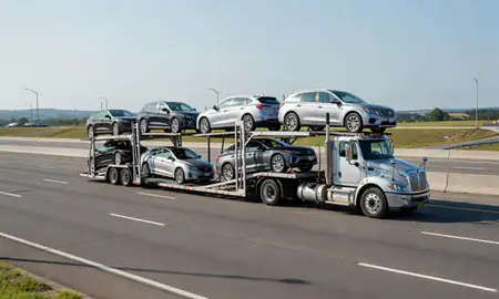 Multi-level car carrier on the highway to Columbus, Georgia, United States