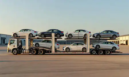 Car transporter parked in an industrial area of Columbus, Georgia, United States