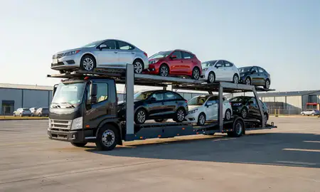 Car transporter loaded with vehicles in Columbus, Georgia, United States