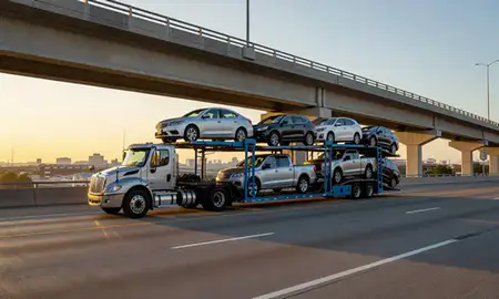 Car transporter with the Columbus, Georgia, United States skyline behind it