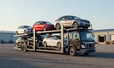 Car transporter loaded with vehicles in Dalton, Georgia, United States