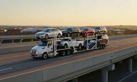 Car transporter with the Dalton, Georgia, United States skyline behind it