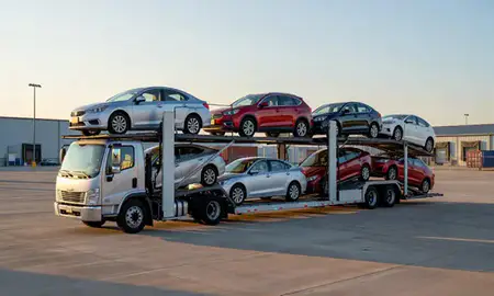 Car transporter loaded with vehicles in Dunwoody, Georgia, United States