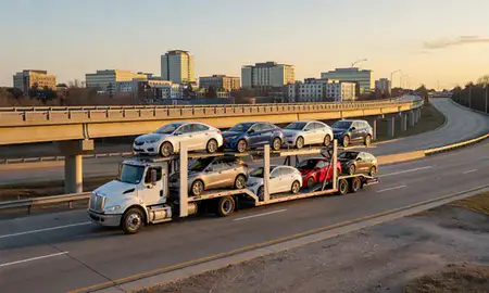 Car transporter with the Dunwoody, Georgia, United States skyline behind it