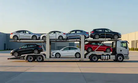 Car transporter parked in an industrial area of East Point, Georgia, United States