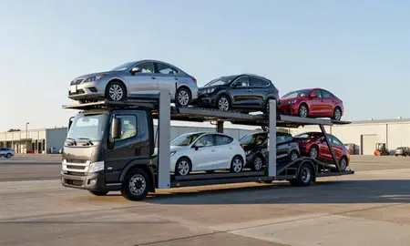 Car transporter loaded with vehicles in East Point, Georgia, United States