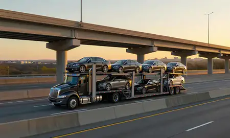 Car transporter with the East Point, Georgia, United States skyline behind it