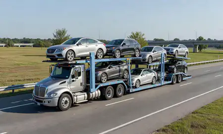 Multi-level car carrier on the highway to Evans, Georgia, United States