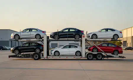 Car transporter parked in an industrial area of Evans, Georgia, United States