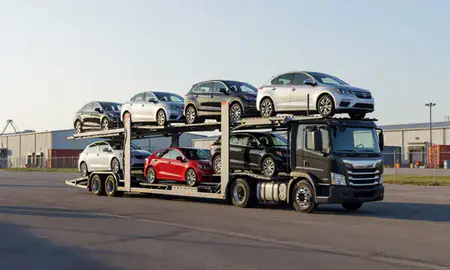 Car transporter loaded with vehicles in Evans, Georgia, United States