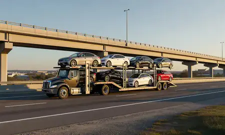 Car transporter with the Evans, Georgia, United States skyline behind it