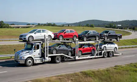 Multi-level car carrier on the highway to Gainesville, Georgia, United States
