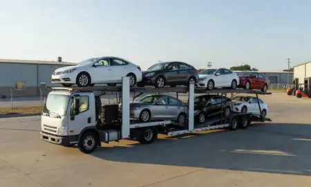 Car transporter loaded with vehicles in Gainesville, Georgia, United States