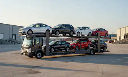 Car transporter loaded with vehicles in Johns Creek, Georgia, United States