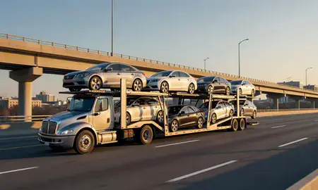 Car transporter with the Johns Creek, Georgia, United States skyline behind it