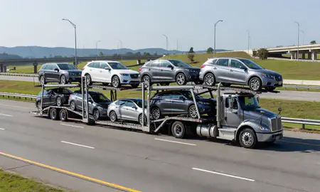 Multi-level car carrier on the highway to Mableton, Georgia, United States