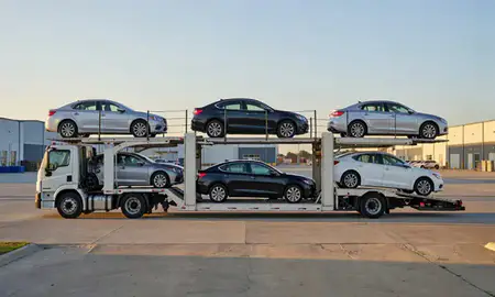 Car transporter parked in an industrial area of Mableton, Georgia, United States