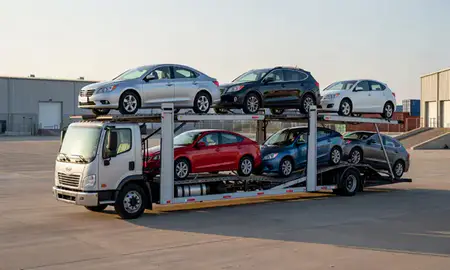 Car transporter loaded with vehicles in Mableton, Georgia, United States