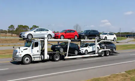 Multi-level car carrier on the highway to Macon, Georgia, United States