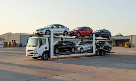Car transporter loaded with vehicles in Macon, Georgia, United States