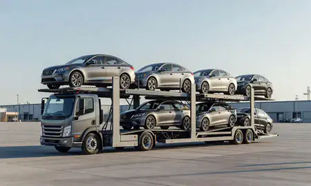 Car transporter loaded with vehicles in Marietta, Georgia, United States