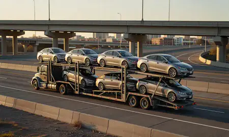 Car transporter with the Marietta, Georgia, United States skyline behind it