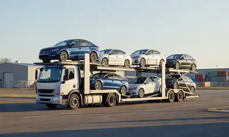 Car transporter loaded with vehicles in Milton, Georgia, United States