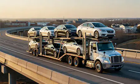 Car transporter with the Milton, Georgia, United States skyline behind it