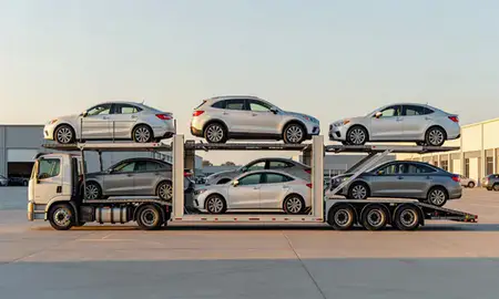 Car transporter parked in an industrial area of Newnan, Georgia, United States