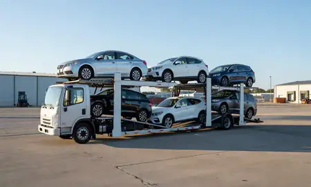 Car transporter loaded with vehicles in Newnan, Georgia, United States