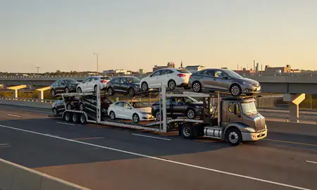 Car transporter with the Newnan, Georgia, United States skyline behind it