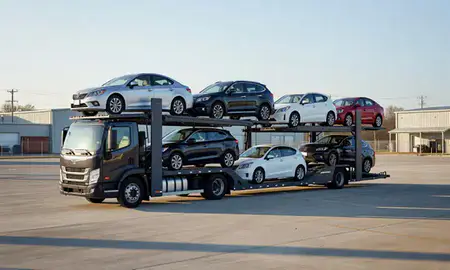 Car transporter loaded with vehicles in Peachtree City, Georgia, United States