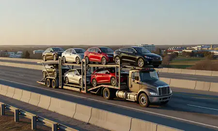 Car transporter with the Peachtree City, Georgia, United States skyline behind it