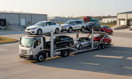 Car transporter loaded with vehicles in Peachtree Corners, Georgia, United States