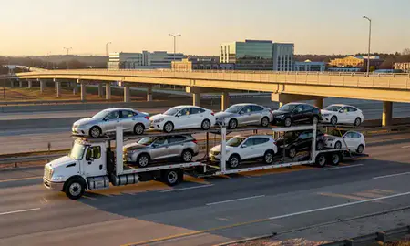 Car transporter with the Peachtree Corners, Georgia, United States skyline behind it