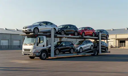 Car transporter loaded with vehicles in Rome, Georgia, United States