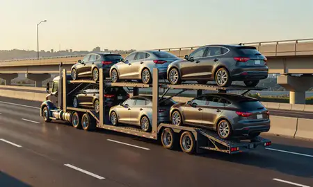 Car transporter with the Rome, Georgia, United States skyline behind it