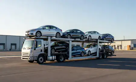 Car transporter loaded with vehicles in Roswell, Georgia, United States
