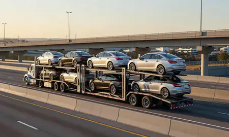 Car transporter with the Roswell, Georgia, United States skyline behind it