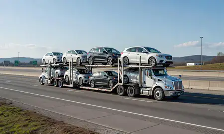 Multi-level car carrier on the highway to Sandy Springs, Georgia, United States