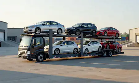 Car transporter loaded with vehicles in Sandy Springs, Georgia, United States