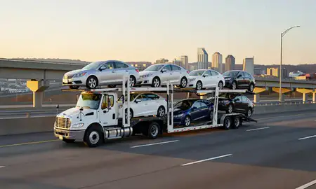 Car transporter with the Sandy Springs, Georgia, United States skyline behind it